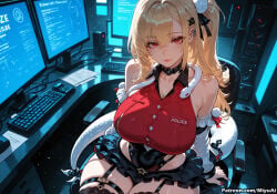cissia_(zenless_zone_zero) zenless_zone_zero snake miyuai ai_generated ai_assisted thick_thighs thick_ass thick thick_legs thick_hips thick_butt wide_hips wide_thighs voluptuous voluptuous_female curvy curvy_figure curvaceous curvy_female female breasts rating:safe 1girl blonde_hair long_hair red_eyes monitor bare_shoulders skirt sitting hair_ornament hair_ribbon looking_at_viewer large_breasts computer solo ribbon pleated_skirt smile blush side_ponytail black_skirt thighhighs bangs covered_navel keyboard_(computer) skindentation garter_straps