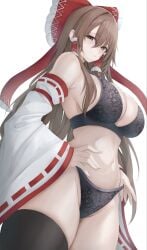 1girl 7saki absurdres alternate_breast_size_(larger) alternate_costume black_bra black_panties black_thighhighs bow bra breasts brown_eyes brown_hair cleavage commentary frilled_bow frilled_hair_tubes frills groin hair_bow hair_tubes hakurei_reimu hand_on_own_hip highres large_breasts lingerie long_hair looking_at_viewer navel panties red_bow ribbon_trim sideboob simple_background skindentation solo stomach thighhighs touhou underwear white_background