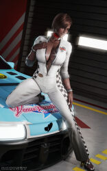 3d big_breasts breasts brown_eyes brown_hair brown_skin brown_skinned_female busty car darts77 dead_or_alive female female_focus female_only hourglass_figure large_breasts lisa_hamilton makeup nail_polish pinup pinup_pose racing_suit scarf short_hair tagme wide_hips