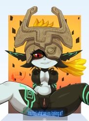 midna twilight_princess the_legend_of_zelda long_hair long_ears orange_hair multicolored_body spread_legs showing_pussy showing_breasts big_breasts exposed_pussy ready_to_fuck female_only inviting_to_sex helmet thick_thighs curvy black_nipples imp red_eyes ramenboy17