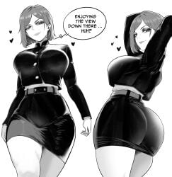 thojad jujutsu_kaisen kugisaki_nobara absurdres commentary english_commentary highres 1girl arms_behind_head ass belt breasts buttons dress eyeshadow from_behind greyscale grin heart high-waist_skirt large_breasts long_sleeves looking_at_viewer makeup missing_legwear monochrome multiple_views short_hair simple_background skirt smile speech_bubble taut_clothes taut_skirt thighs