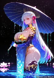 kama_(fate/grand_order) kama_(third_ascension)_(fate) fate_(series) fate/grand_order miyuai ai_generated ai_assisted thick_thighs thick_ass thick thick_legs thick_hips thick_butt wide_hips wide_thighs voluptuous voluptuous_female curvy curvy_figure curvaceous curvy_female female breasts star_(sky) starry_sky 1girl umbrella hair_ribbon ribbon sky silver_hair jewelry solo looking_at_viewer flower thighs long_hair oriental_umbrella metal_collar dress space rating:safe earrings blush purple_dress red_eyes bangs collar ring cleavage armlet night_sky elbow_gloves huge_breasts gloves pink_ribbon lotus thighhighs pelvic_curtain