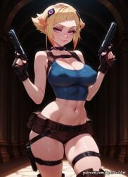 1girl 2026 ai_generated anime bangs bare_shoulders belt black_gloves blonde_hair boobs breasts capella_emerada_lugunica cleavage collar covered_nipples cowboy_shot crop_top crossover dual_wielding eye_contact female female_focus fingerless_gloves gloves gun hair_accessory hair_ornament handgun hands_up handwear highres holding holding_gun holding_weapon holster huge_breasts large_breasts lips looking_at_viewer midriff multicolored_hair navel nsfw orange_hair parted_lips patreon pink_eyes pouch re:zero_kara_hajimeru_isekai_seikatsu rognezart shiny shiny_skin short_hair short_shorts shorts skindentation smile smiling solo standing sweat sweaty tank_top thigh_holster thigh_strap thighhighs weapon