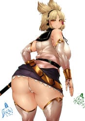 3girls ass ass_focus big_ass big_breasts big_thighs blonde_hair blush cameltoe female female_focus large_ass looking_at_viewer looking_back miniskirt mononobe_no_futo panties sekiyu_(spartan) skirt soga_no_tojiko tagme thick_thighs touhou toyosatomimi_no_miko yellow_eyes