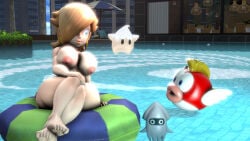 1girls 3d 3d_(artwork) barefoot blonde_hair blooper blue_eyes breasts cephalopod cheep_cheep chill407 completely_nude completely_nude_female ear_piercing eyelashes female fish full_body human kabalmystic_(style) light-skinned_female light_skin long_hair luma mammal marine mario_(series) mature mature_female naked naked_female nintendo nipples nude nude_female pool princess princess_rosalina red_body royalty squid super_mario_bros. voluptuous voluptuous_female water