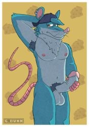 anthro armpit_hair balls blue_body blue_fur body_hair cheese chest_hair clothing dairy_products ear_piercing ears_up erection facial_piercing food fur g_bunn genitals half-closed_eyes hand_behind_head hand_on_penis hat headgear headwear hi_res humanoid kd_rattical_(fortnite) long_tail male mammal mouse murid murine narrowed_eyes nipple_piercing nipples nose_piercing nude orange_eyes penis piercing pubes rat rat_tail rodent simple_background solo tail whiskers