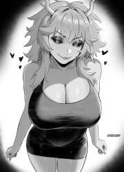 1girl 1girls absurdres artist_name ashido_mina ashido_mina_time-skip black_dress black_sclera boku_no_hero_academia breasts cleavage closed_mouth collarbone colored_sclera commentary crossed_bangs dress english_commentary full_lips greyscale half-closed_eyes heart highres horns hourglass_figure large_breasts leaning_forward long_hair looking_at_viewer messy_hair mina_ashido mina_ashido_time-skip monochrome my_hero_academia my_hero_academia_(finale) naughty_face pencil_dress post-timeskip ring_light_reflection simple_background slim_waist smile solo thick_thighs thighs thojad twitter_username wide_hips