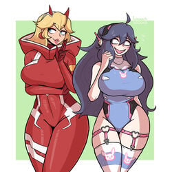 2girls alternate_costume big_breasts blonde_hair blue_bodysuit blush bodysuit breasts cosplay crossover d.va_(cosplay) darling_in_the_franxx female garter_straps headphones hex_maniac horns loggus_doggus mario_(series) nervous nervous_smile nervous_sweat nintendo overwatch pokemon pokemon_xy princess_peach red_bodysuit seductive sweat swimsuit thick_thighs thighhighs tight_bodysuit tight_clothing zero_two_(darling_in_the_franxx)_(cosplay)