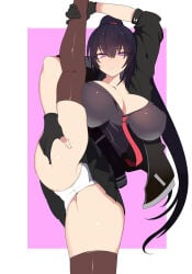 flexible spread_legs panties thighs thick_thighs thick minma character_request purple_eyes black_hair ponytail large_breasts breasts clothed
