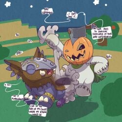 1:1 anal animate_inanimate argon_vile bandai_namco bodily_fluids digimon digimon_(species) duo english_text erection food for_a_head fruit genitals hi_res internal living_plushie male male/male object_head outside outside_sex penis plant plushie profanity pumpkin pumpkin_head pumpkinmon sex sweat tail tail_pull tapirmon text tree