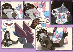 alex.fetter alex_(alex.fetter) animal_genitalia azalea_(sylmin) backsack balls blue_hair blush brown_body brown_eyes brown_fur claws eeveelution feral food fur generation_4_pokemon generation_6_pokemon generation_8_pokemon genitals hair hi_res hybrid legendary_pokemon male nintendo obstagoon oral pawpads penis penis_tip pink_body pink_fur pink_sclera pokemon pokemon_(species) shaymin sheath surprised sylveon white_body white_fur