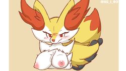 anthro big_breasts blush braixen breasts canid canine female fluffy fluffy_tail hi_res looking_at_viewer lying mammal ne_i_ro nintendo on_front pokémon_(species) pokemon pokemon_(species) red_eyes simple_background solo video_games watermark