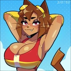 2d_(artwork) armpits cat_ears cat_girl cat_tail furry gameoverse huge_breasts kit_(gameoverse) looking_at_viewer posing swimwear thicc tight_clothing zaxton