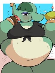 animal_crossing animal_crossing_new_horizons anthro belly beverage breasts clothed crop_top doughnut drink elephant elephantid eyelashes eyeshadow fat female food fur green_body green_hair hooves huge_belly looking_at_viewer midnitemorty navel nintendo opal_(animal_crossing) overweight overweight_anthro overweight_female shorts sweat sweatdrop sweaty_body tan_body thick_thighs trunk_(anatomy) two_tone_body video_games wide_hips