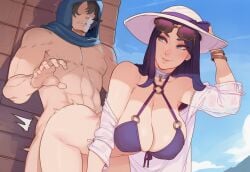 ai_generated brinkai self_upload caitlyn_kiramman league_of_legends arcane talon_du_couteau 1girls 1boy 1girl1boy straight ambiguous_penetration against_wall femdom bent_over black_hair brown_hair looking_back smirk beach bikini pool_party_caitlyn