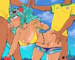 1girls 2026 2boys 2boys1girl balls beads bent_forward bent_over big_breasts bikini_bottom_down bikini_top blue_background blue_bikini blue_bikini_bottom blue_eyes blue_hair blush blushing bracelet bracelets brazilian_flag brazilian_male brazilian_miku breasts cleavage cum cum_in_mouth cum_inside fellatio female female_focus flower flower_in_hair grabbing_hips hatsune_miku high_five long_hair looking_at_partner looking_up looking_up_at_partner male necklace penis rammionn short_shorts shorts shorts_down soccer_uniform spitroast sunglasses sunglasses_on_head tan_body tan_skin tanline thighs tied_hair vocaloid wide_hips yellow_bikini yellow_bikini_top