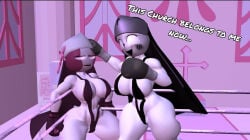 2girls 3d 3d_(artwork) belly_button big_breasts black_boxing_gloves black_gloves boxing boxing_gloves boxing_ring fighting_ring friday_night_fever friday_night_funkin friday_night_funkin_mod gloves indoors kabalmystic_(style) magenta_boxing_gloves magenta_gloves mid-fight_masses sarvente_(friday_night_funkin) sling_bikini taki_(fevertown) thick_thighs tiredslugger