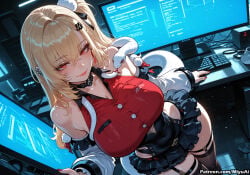cissia_(zenless_zone_zero) zenless_zone_zero snake miyuai ai_generated ai_assisted thick_thighs thick_ass thick thick_legs thick_hips thick_butt wide_hips wide_thighs voluptuous voluptuous_female curvy curvy_figure curvaceous curvy_female female breasts rating:safe red_eyes blonde_hair 1girl long_hair smile thighhighs hair_ornament skirt detached_sleeves monitor looking_at_viewer bare_shoulders large_breasts bangs skindentation black_legwear solo closed_mouth blush collarbone hair_between_eyes black_nails choker one_side_up fisheye