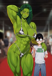 abs ai_generated areolae arm_around_shoulders armpit blush convention covered_nipples cow_print cow_print_bikini glasses green_eyes green_hair green_skin height_difference hetero highleg_panties jagat_ai long_hair male/female marvel marvel_comics muscle_girl muscular_female nerd nerdy_male otaku peace_sign pubic_hair pubic_hair_peek she-hulk shirt side-by-side size_difference smile sweatpants