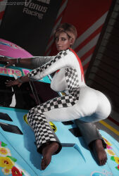 3d big_breasts breasts brown_eyes brown_hair brown_skin brown_skinned_female busty car darts77 dead_or_alive female female_focus female_only hourglass_figure large_breasts lisa_hamilton makeup nail_polish pinup pinup_pose racing_suit scarf short_hair tagme wide_hips