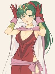 1girls alternate_costume artist_name bare_thighs breasts choker cleavage cosplay dress earrings female female_focus fire_emblem fire_emblem:_the_blazing_blade fire_emblem_awakening gloves green_eyes green_hair hair_ribbon high_ponytail highres jewelry jivke large_breasts long_hair lyn_(fire_emblem) matching_hair/eyes nintendo no_bra no_panties no_underwear parted_lips pelvic_curtain ponytail red_gloves ribbon signature solo thighhighs tiki_(adult)_(fire_emblem) tiki_(adult)_(fire_emblem)_(cosplay)