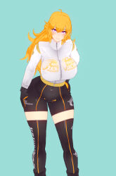 rwby yang_xiao_long onlyrubez 1girls solo_female clothed_female blonde_hair blonde_female long_hair long_hair_female purple_eyes breasts big_breasts