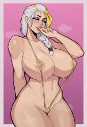 ai_generated biting_finger blonde_hair blue_eyes grey_hair hereticus jaina_proudmoore micro_bikini one-piece_swimsuit tights two-tone_hair warcraft wide_hips winking_at_viewer world_of_warcraft