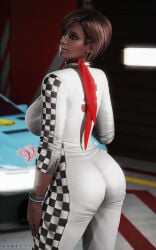 3d big_breasts breasts brown_eyes brown_hair brown_skin brown_skinned_female busty car darts77 dead_or_alive female female_focus female_only hourglass_figure large_breasts lisa_hamilton makeup nail_polish pinup pinup_pose racing_suit scarf short_hair tagme wide_hips