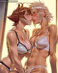 2girls abs ai_generated animal_ears antenna_hair blazblue blush bra breasts brown_eyes brown_hair bullet_(blazblue) cleavage collarbone dandanhub dark-skinned_female dark_skin eye_contact face-to-face half-closed_eyes imminent_kiss large_breasts lips looking_at_another makoto_nanaya multicolored_hair multiple_girls muscular navel panties parted_lips scar scar_on_face short_hair squirrel_ears squirrel_girl toned two-tone_hair underwear underwear_only white_bra white_hair white_panties yellow_eyes yuri