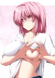 blush breast_squeeze breasts cute heart lifted_shirt nervous nori_tamago pink_hair red_eyes shy teasing touhou white_shirt yuyuko_saigyouji