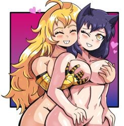 2girls bisexual_female bisexual_pride_colors black_hair black_hair_female blake_belladonna blonde_female blonde_hair canon_couple cat_ears grabbing_from_behind long_hair long_hair_female nahzo nude_female robotic_arm rwby yang_xiao_long