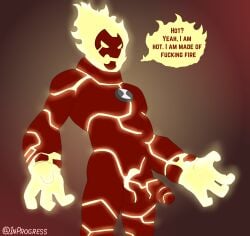 absurd_res alien balls ben_10 cartoon_network dialogue english_text fire fire_body flaming_hair genitals glowing glowing_genitalia glowing_penis heatblast hi_res humanoid humor inprogress lava male penis pseudo_hair solo standing text