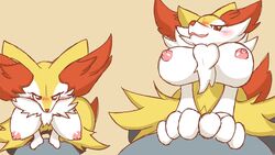 anthro big_breasts blush braixen breasts canid canine duo female genitals hand_on_chest hi_res looking_at_viewer male male/female mammal ne_i_ro nintendo on_top pokémon_(species) pokemon pokemon_(species) pussy smile video_games