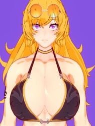 rwby yang_xiao_long onlyrubez 1girls solo_female half-dressed half_naked half_naked_female bikini bikini_top cleavage long_hair long_hair_female blonde_hair blonde_female purple_eyes