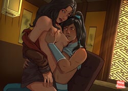 2girls areolae asami_sato ass_grab avatar_the_last_airbender black_hair blue_eyes blush breast_grab breasts brown_hair canon_couple chocolate_and_vanilla clothing dark-skinned_female erect_nipples eyeshadow female female_only foreplay green_eyes groping_breasts hugging_from_behind interracial ivana_anemon korra light-skinned_female lipstick long_hair multiple_girls muscular_arms muscular_female nipples off_shoulder office office_chair partially_clothed ponytail shirt_up sitting sitting_on_lap small_breasts smooth_skin the_legend_of_korra tied_hair tomboy undressing yuri