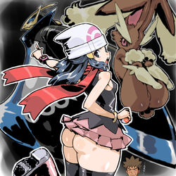 1boy 2girls anus ass black_sclera blue_eyes blue_hair blurry blurry_background breasts brock_(pokemon) brown_fur colored_sclera crotch dawn_(pokemon) empoleon female female_focus hat holding holding_poke_ball human japanese_text long_hair lopunny miniskirt pale_skin petitdry pokémon_(species) poke_ball poke_ball_(basic) pokemon pokemon_(anime) pokemon_(species) pokemon_dppt_(anime) poketch red_eyes revision skindentation skirt small_breasts solo_focus straight tail text thick_thighs thighs translated watch wide_hips wristwatch wristwear