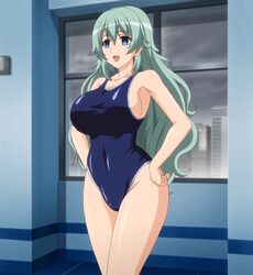 1girls 2010s 2d 2d_(artwork) absurd_res absurdres big_breasts blue_eyes blue_swimsuit blue_swimwear breasts clothed_female female female_focus female_only gakuen_de_jikan_yo_tomare green_hair half_japanese halfie happy_face hentai hypnotized indoors katie_majima long_green_hair long_hair open_mouth over_1080p school_swimsuit schoolgirl screencap smile solo solo_female solo_focus swimsuit very_long_hair wavy_hair