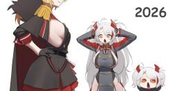 2026 2girls admiral_hipper_(azur_lane) azur_lane big_breasts black_glove blonde_hair breasts chibi chibi_style clothed clothing female female_only funny glove huge_breasts iron_blood_(azur_lane) light-skinned_female light_skin nowaying open_mouth orange_eyes prinz_eugen_(azur_lane) proud retrofit_(azur_lane) shocked sideboob surprised white_hair whitter