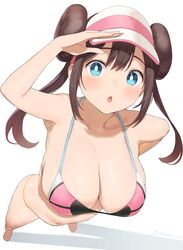 alternate_breast_size bikini blue_bikini blue_eyes breasts brown_hair large_breasts looking_at_viewer nekoshoko nintendo pokemon pokemon_bw2 rosa_(pokemon)