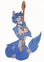 absurd_res anthro areola arm_tattoo blue_body blue_eyes blue_fur blue_hair breasts canid canine cerinian evulart female forehead_gem fox fur gem genitals hair hi_res jewelry krystal's_staff krystal_(star_fox) leg_tattoo licking long_tail looking_at_viewer mammal necklace nintendo nipples nude nude_female snout solo staff star_fox stick tail tattoo tongue tribal tribal_tattoo vulva