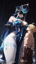 ai_generated dreamyan_ai highres breasts uncensored hi_res high_resolution high_quality thick_thighs thighs thick_ass 1girls curvy curvy_female curvy_body clothed clothed_female big_breasts large_breasts taller_female tall_female pantyhose white_pantyhose blindfold blindfolded mirror_maiden_(genshin_impact) genshin_impact aether_(genshin_impact) size_difference height_difference standing facing_another imminent_sex
