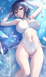 gomashio_ponz original highres 1girl armpits arms_up ass_visible_through_thighs bare_shoulders black_hair breasts breasts_apart cameltoe clothing_cutout covered_nipples detached_sleeves gem glint groin hair_between_eyes large_breasts looking_at_viewer lying navel navel_cutout nipples on_back parted_lips red_eyes see-through_clothes short_hair solo sparkle