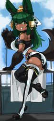 1girls anubis_(monster_girl_encyclopedia) black_fur cheering dark-skinned_female dark_skin female female_only fox_ears fox_girl fox_tail green_eyes green_hair hi_res legwear long_hair looking_at_viewer monster_girl monster_girl_encyclopedia pawpads paws race_queen shorts solo solo_female thigh_squish topwear zanamaoria