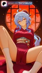 2026 highres hi_res electroworld patreon_username high_quality high_resolution artist_name stable_diffusion ai_generated 1girl 1girls patreon watermark breasts boobs moon legs_apart sunset legs_spread orange_sky red_kimono red_sky window torii white_legwear splayed_legs japanese_clothes spread_legs ahoge tits smile bust purple_eyes chest goat_horns socks open_legs round_window red_moon looking_at_viewer ganyu_(genshin_impact) genshin_impact