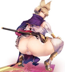 >:) anus_peek ass blonde_hair breasts cape elbow_gloves female from_behind gloves huge_ass large_breasts looking_back microskirt partially_visible_vulva red_eyes sandals sekiyu_(spartan) shirt skirt sleeveless sleeveless_shirt smile solo spread_legs squatting sword thick_thighs thighhighs thighs thong touhou toyosatomimi_no_miko v-shaped_eyebrows weapon white_background white_gloves white_legwear