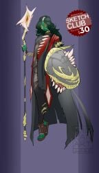 claws cloak green_skin heterochromia kilkan original_character original_characters_only red_eyes sandals shield staff teeth