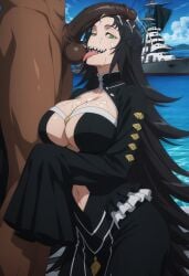 1boy 1girls ai_generated backstabbed_in_a_backwater_dungeon balls blowjob breasts cleavage cock_worship cuckold cum dark-skinned_male dark_skin fellatio female interracial large_penis licking licking_penis mera_(backstabbed_in_a_backwater_dungeon) naughty_face penis penis_awe self_upload sharp_teeth tagme women