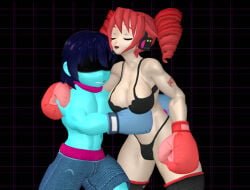 1boy 1girls 3d big_breasts bikini boxing boxing_gloves crossover deltarune duo gloves kabalmystic_(style) kasane_teto kris_(deltarune) mixed_boxing punching_stomach shorts tiredslugger utau