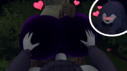 2023 3d_(artwork) anal anal_penetration anthro backsack balls big_butt blush breasts butt butt_grab digital_media_(artwork) duo eye_roll first_person_view forest generation_7_pokemon genitals grass gynomorph gynomorph_human hair hand_on_butt heart_symbol hex_maniac hi_res high-angle_view huge_butt human human_on_anthro intersex intersex_human interspecies long_hair looking_pleasured male male_anthro mammal medium_breasts mimikyu nintendo oakensfm open_mouth open_smile outside penetration penile penile_penetration penis penis_in_ass plant pokeball pokemon pokemon_(species) pokemorph pokephilia purple_body purple_hair sex shrub smile source_filmmaker_(artwork) spiral spiral_eyes tail tree tree_stump wide_hips woodworksfm woodworkssfm yellow_body