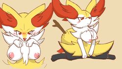 2021 anthro big_breasts blush braixen breasts canid canine cheek_tuft chest_tuft digital_media_(artwork) facial_tuft female fox hand_on_breast hi_res inner_ear_fluff mammal ne_i_ro nintendo pokémon_(species) pokemon pokemon_(species) simple_background sitting solo stick tuft video_games